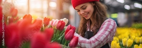 Fototapeta a happy gardener girl working in a greenhouse with red tulips
