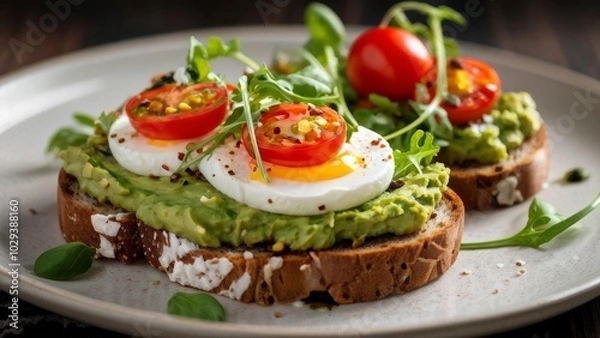 Fototapeta Avocado toast with poached eggs, cherry tomatoes and arugula on whole grain bread.