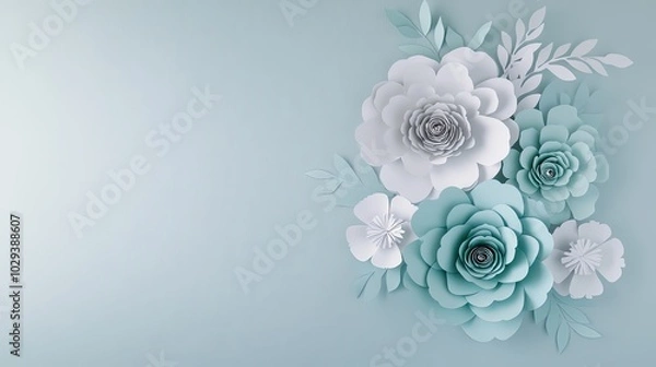 Fototapeta This artwork features intricately crafted 3D paper flowers in white and soft tones, interspersed with vibrant green leaves, all beautifully arranged on a pastel sage backdrop