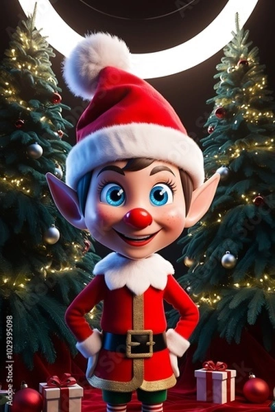 Fototapeta Christmas elf character with a big red nose.It's wearing a red Santa hat