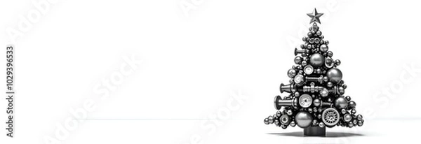 Fototapeta Christmas tree made of car engine parts on a white background, a unique combination of festive and automotive elements.