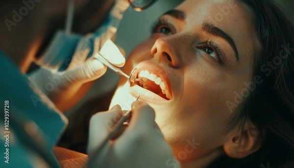 Fototapeta Primo piano viso di una bella donna rilassata mentre riceve un controllo dentistico