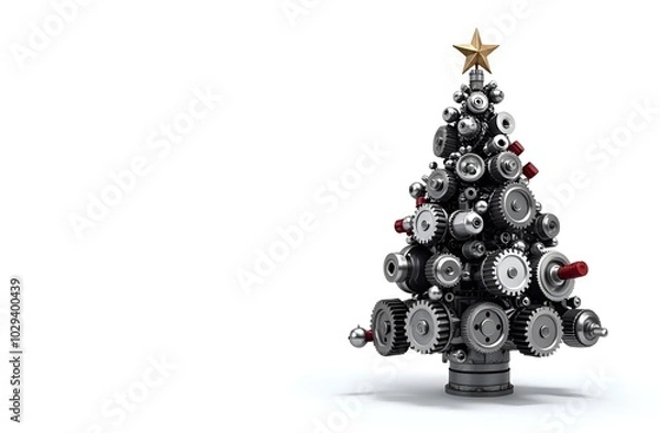 Fototapeta Christmas tree made of car engine parts on a white background, a unique combination of festive and automotive elements.