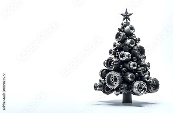 Fototapeta Christmas tree made of car engine parts on a white background, a unique combination of festive and automotive elements.