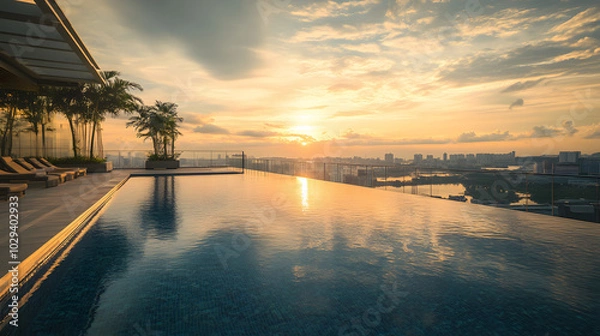 Fototapeta A stylish five-star hotel rooftop infinity pool with glass railings and sunset views.