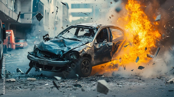 Fototapeta Ein Auto crasht in eine Barriere bei einem illegalen StraÃŸenrennen Wrackteile fliegen durch die Luft.