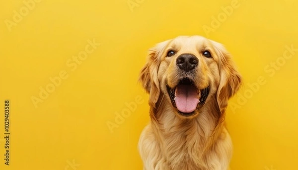 Fototapeta Cane golden retriever sorridente e felice, isolato su sfondo giallo