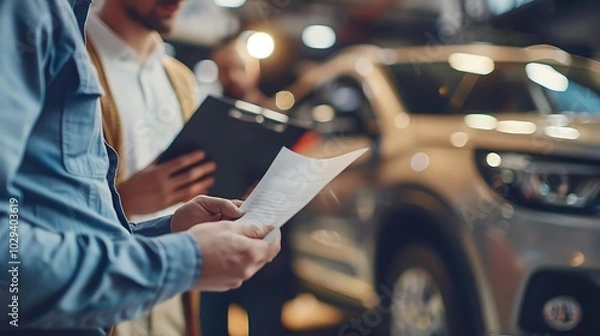 Fototapeta A detailed shot of a customer reviewing a vehicle warranty and maintenance agreement with a dealership employee, highlighting the importance of future car care 