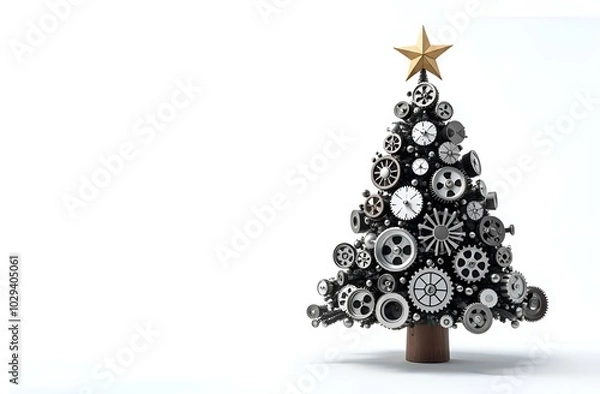 Fototapeta Christmas tree made of car engine parts on a white background, a unique combination of festive and automotive elements.