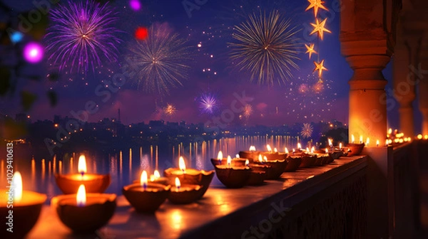 Fototapeta A Vibrant Scene of Colorful Fireworks Illuminating the Sky with Diyas Glowing Warmly in the Foreground
