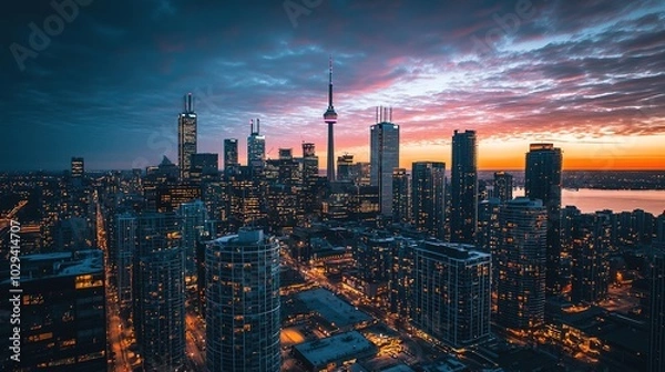Fototapeta A stunning twilight cityscape of Toronto, showcasing skyscrapers against a vibrant sky with illuminating lights reflecting on the water.