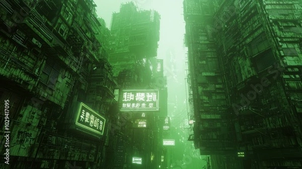 Fototapeta Desolate Cityscape of a Decaying Dystopian Society with Neon Lights Glowing in Misty Silence, Cinematic Lighting Creating an Eerie Atmosphere