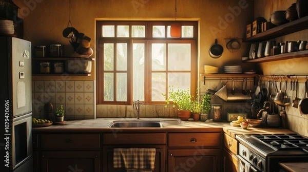 Obraz A broad view of a cozy, empty kitchen decorated in the Indian style. Elegant, traditional South Asian home with utensils and a large window that lets light and warmth in throughout spring. Retro Warm