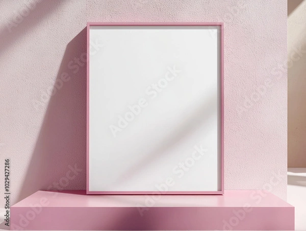 Fototapeta Beautiful pink picture frame mockup with a white blank canvas, standing on a pink table