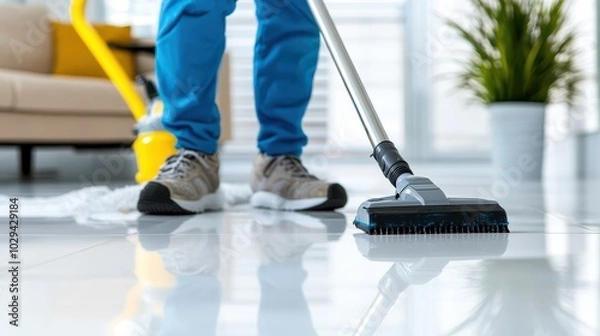 Fototapeta An individual carefully runs a vacuum cleaner over a well-maintained tile floor, illustrating precision and the pursuit of a spotless, polished environment.