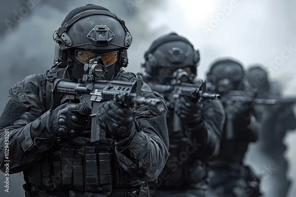 Fototapeta A tactical group of special forces soldiers, dressed in dark uniforms and gear, moving in formation under a black and grey color scheme, emphasizing stealth,