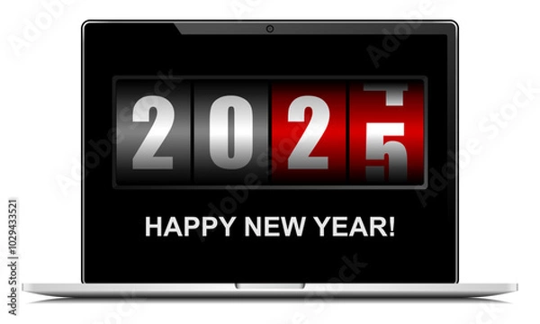 Fototapeta Happy new year 2025 with counter on notebook screen, vector illustration in EPS 10
