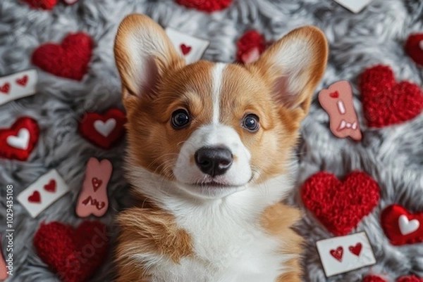 Fototapeta An adorable dog sitting among Valentine’s Day decorations, with heart-shaped love notes and festive decor, creating a sweet and playful celebration of love..
