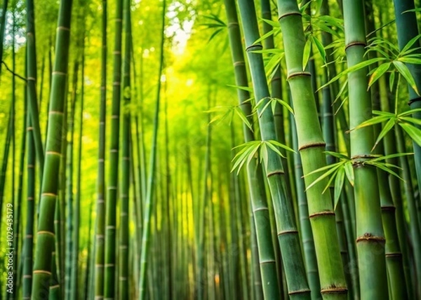 Fototapeta Lush Bamboo Grove: Clumping Bamboo Trees and Isolated Leaves in Tranquil Landscape Photography