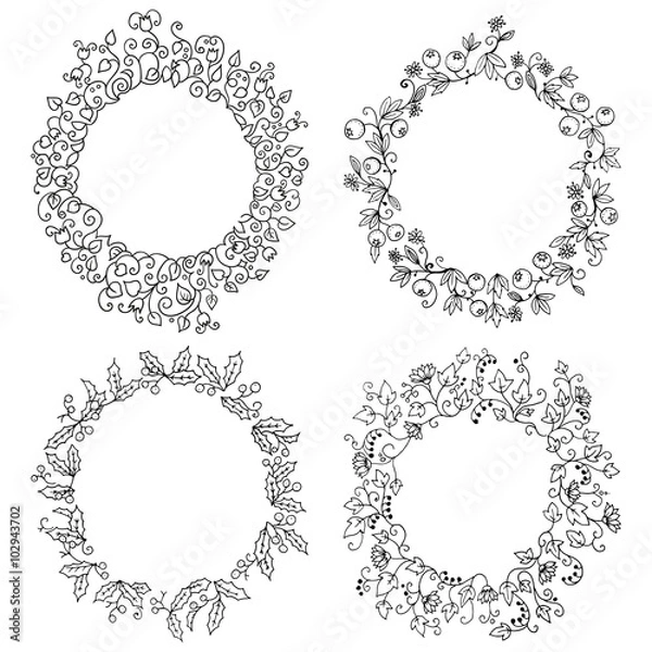 Obraz Set of round frames. Hand-drawn floral wreath with leaves and berries. Black and white vector illustration.