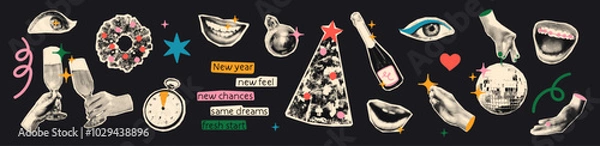 Fototapeta Christmas halftone art collage cut outs set. Various paper clipping shapes, New Year stickers with vintage dotted texture and doodles. Modern retro grunge mixed media vector illustration