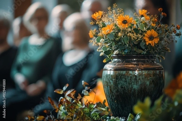 Fototapeta A somber scene of mourners at a funeral bidding their final farewell to a loved one, with the ashes placed in an urn, capturing grief, remembrance, and the emotional depth of loss..