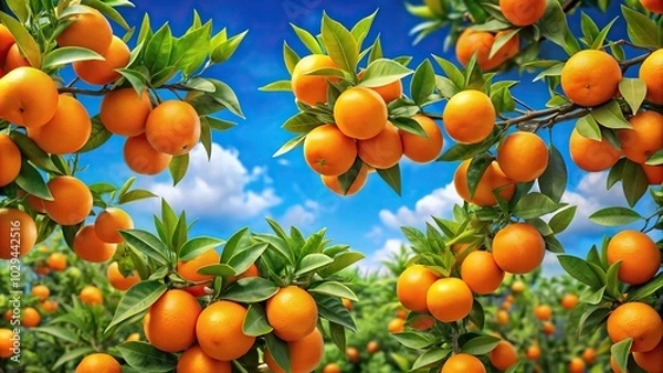 Fototapeta Seamless pattern of oranges on branches with green leaves against a blue sky
