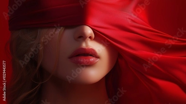 Fototapeta A woman with flowing red fabric covering her eyes, expressing emotion in an artistic portrait