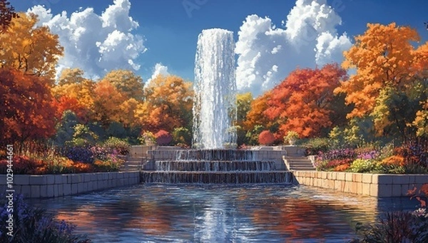 Fototapeta A serene garden scene featuring a fountain surrounded by vibrant autumn foliage.