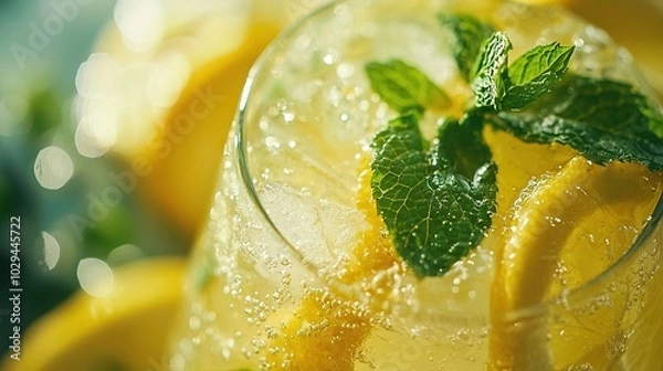 Fototapeta   Close-up image of glass filled with yellow liquid, representing lemonade The surface is adorned with a fresh mint sprig