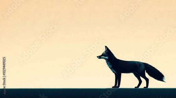 Fototapeta   Black & white fox atop hill with orange sky