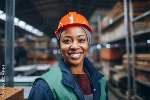 Fototapeta Portrait of a smiling African American female worker at factory