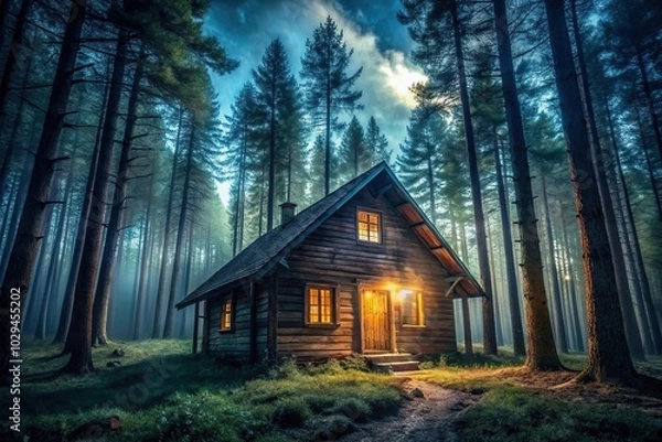 Fototapeta Spooky wooden cabin hidden in dense pine forest at night