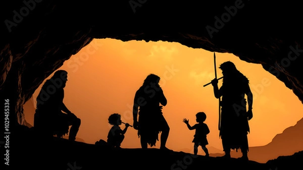Fototapeta Silhouettes of group of cavemen with child from inside of a cave. Generative AI