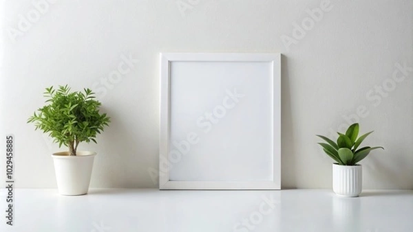 Fototapeta Minimalistic white picture frame on wall with furniture and plant