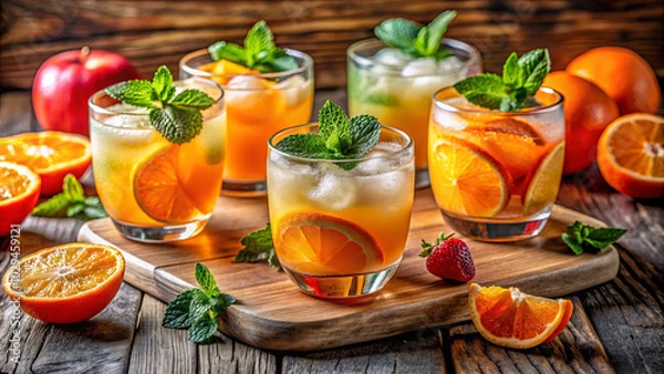 Fototapeta A vibrant display of refreshing cocktails featuring citrus fruits and mint, beautifully presented on a rustic wooden surface, creating an inviting atmosphere