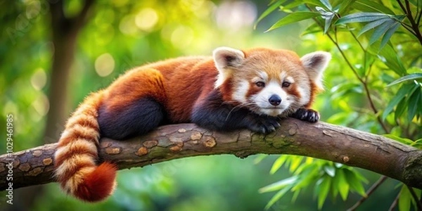 Obraz Red panda sleeping on branch in tree
