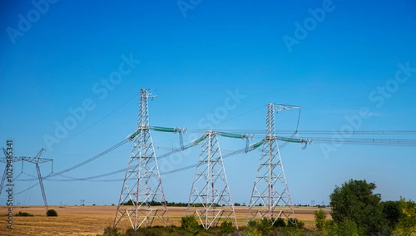 Fototapeta High voltage power line against the blue sky. Metal wires on a high-voltage tower transmit electricity over long distances to cities. Ukraine