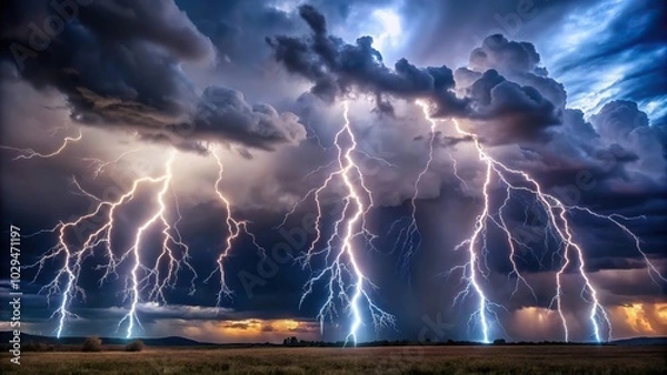 Fototapeta Stormy sky with cloud to ground lightning strikes reflected in water