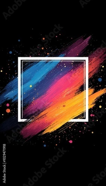 Fototapeta Vibrant abstract paint splashes in a white square on a black background for dynamic designs