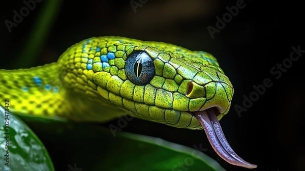 Fototapeta Green Snake with Blue Spots Gracefully Resting, Flicking Tongue in Natural Light