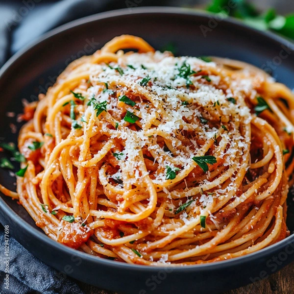 Fototapeta spaghetti with sauce and cheese on the plate
