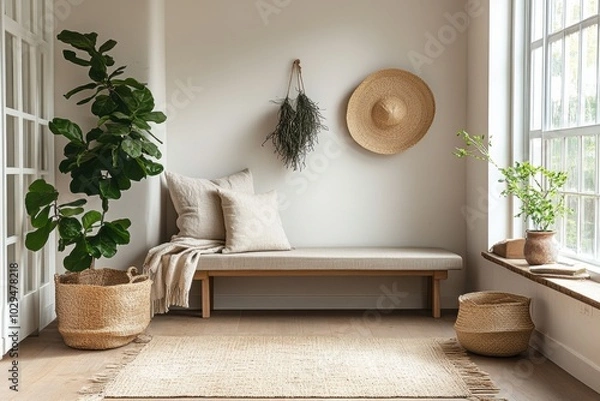 Obraz scandinavian entryway, a modern scandinavian entry with a stylish bench, practical storage, minimalist design, and natural textures for a welcoming vibe