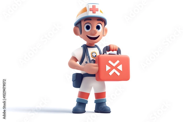 Fototapeta illustration of a paramedic holding a medical kit and a first-aid symbol, isolated on a white background
