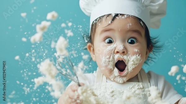 Fototapeta An adorable baby in a chef's hat, wide-eyed and surrounded by a cloud of flour, holds two whisks in a playful culinary chaos and joyful discovery moment.
