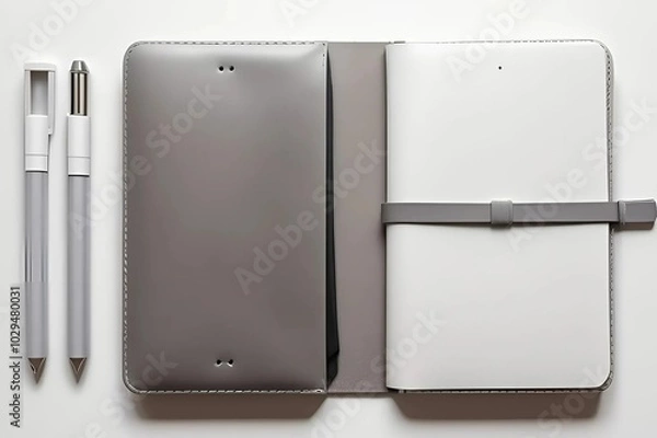 Fototapeta A white notebook and pen placed neatly on a clean white surface, creating a minimalist workspace aesthetic.