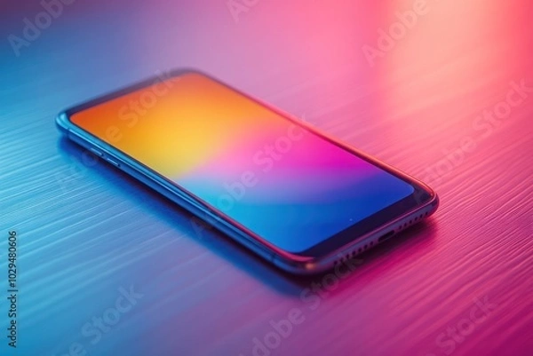 Fototapeta A smartphone with a vibrant, colorful screen on a sleek surface.