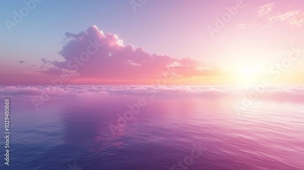 Fototapeta The sun is setting over a vast body of water, casting a warm, pink glow over the clouds above. The water reflects the colors of the sky, creating a serene and peaceful atmosphere