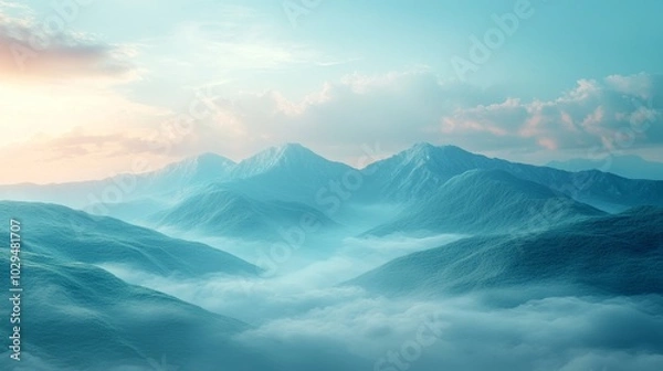 Fototapeta The sun is setting, casting a warm glow on the peaks of a mountain range while a thick, ethereal fog rolls through the valleys below