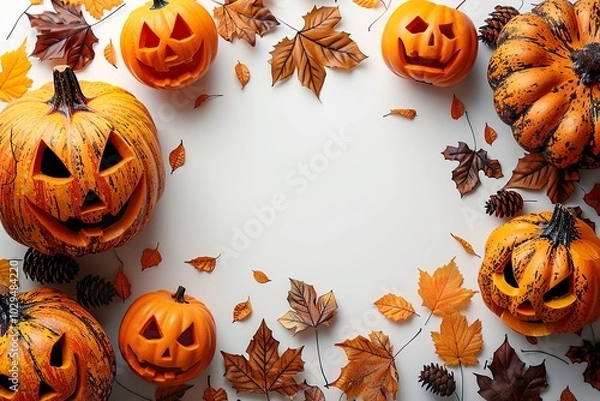 Obraz halloween flat lay composition with pumpkins treats  on white background top view halloween banner mockup party invitation card template.